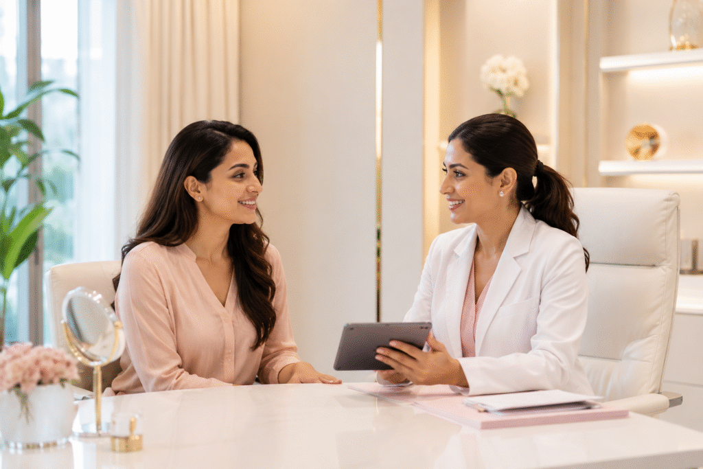 Friendly aesthetic doctor consulting a patient in a modern clinic, discussing personalized skin and hair treatment options.