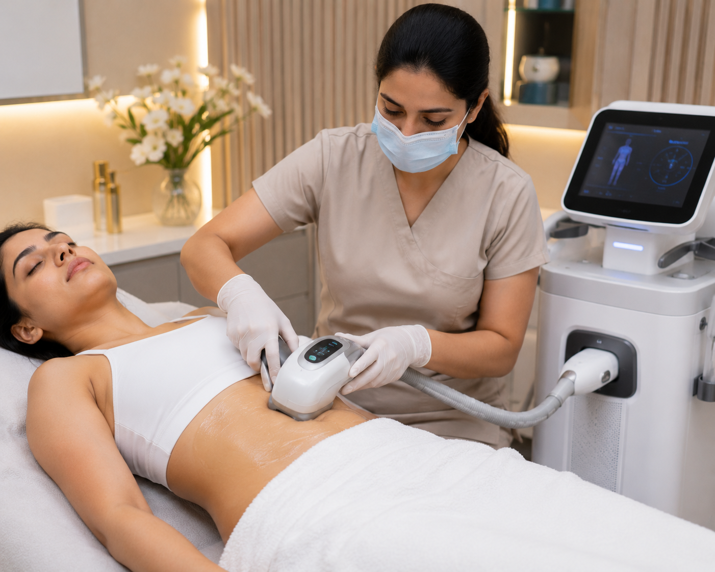Professional non-surgical fat reduction treatment being performed on a woman's abdomen using advanced body contouring technology in a premium aesthetic clinic.