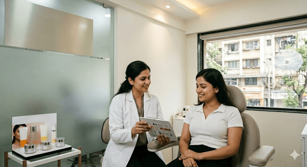 Woman with clear, glowing, and even-toned skin after professional skin brightening and lightening treatment at an aesthetic clinic in Thane West.