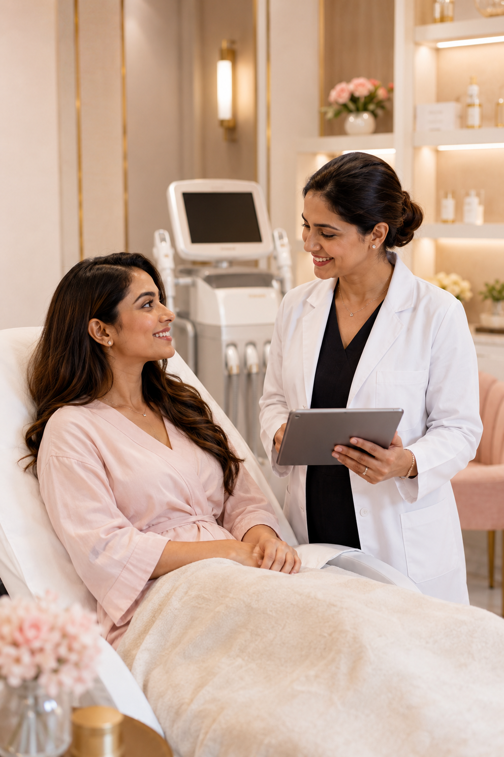 Experienced aesthetic doctors consulting a patient in a premium clinic with advanced skincare technology and a personalized treatment approach.