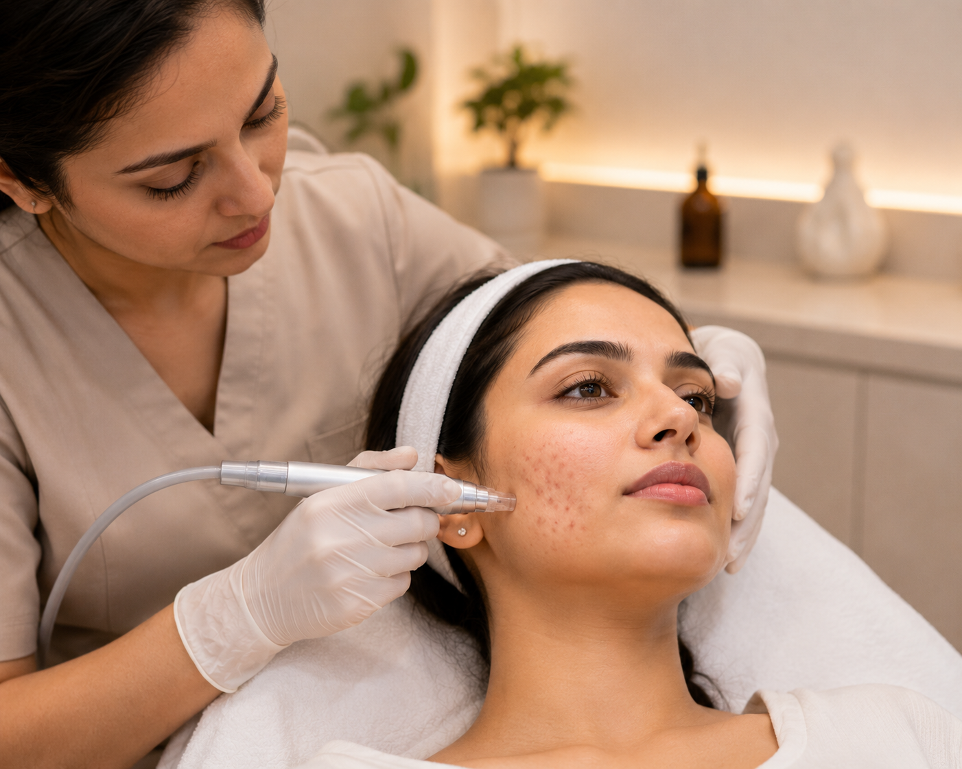 Young woman with clear, healthy skin receiving professional acne treatment in a modern aesthetic clinic, highlighting improved skin texture and reduced acne concerns.