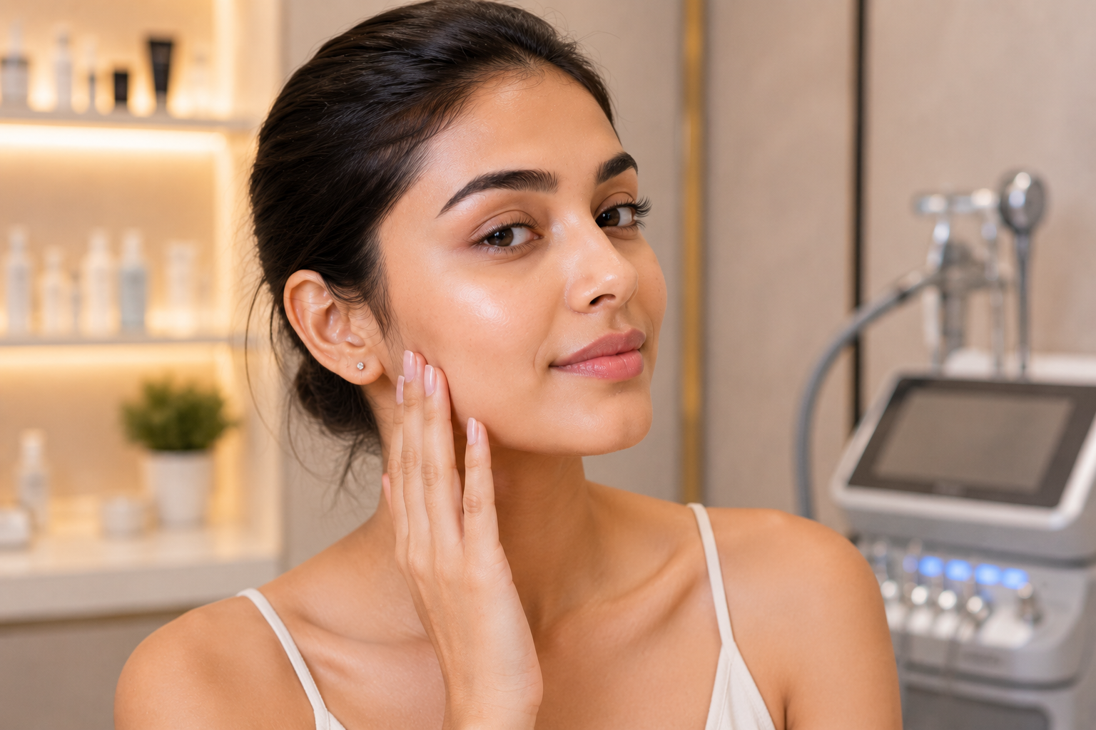 Woman with clear, smooth skin after advanced acne scar treatment in a premium dermatology clinic.