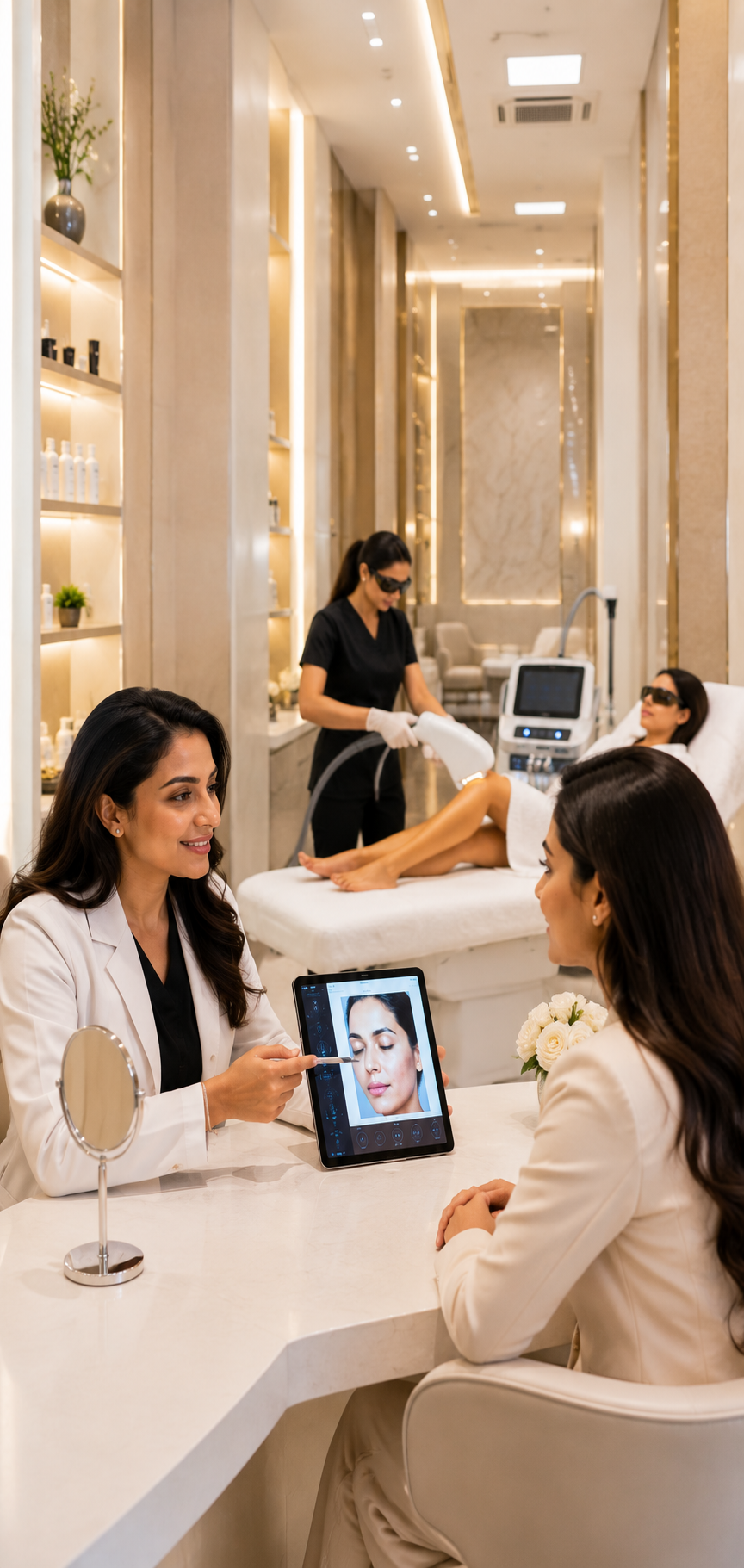 Experienced aesthetic doctors consulting patients in a premium clinic equipped with advanced skincare technology and modern treatment facilities.