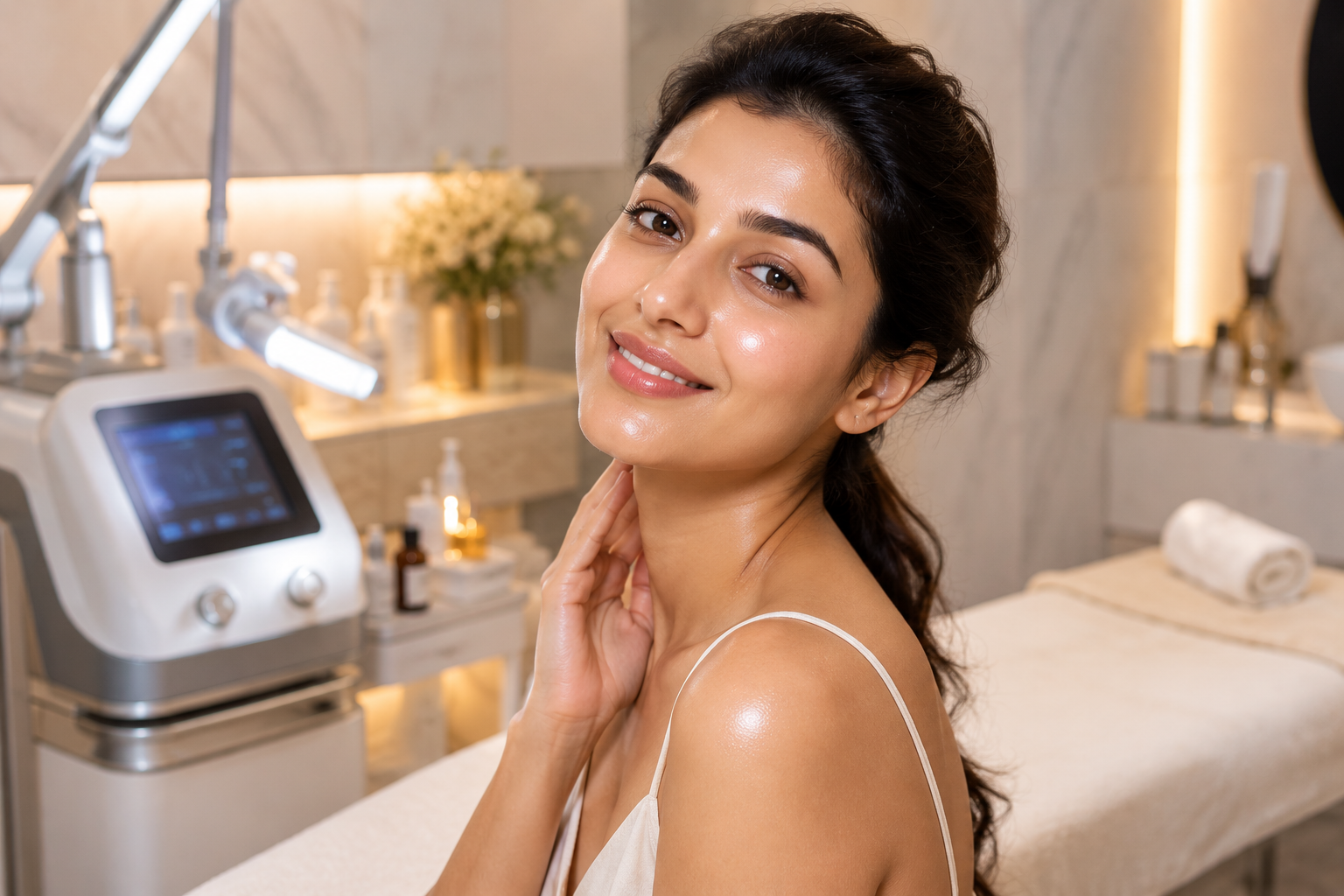 Elegant woman with smooth skin and youthful facial features in a luxury aesthetic clinic environment.