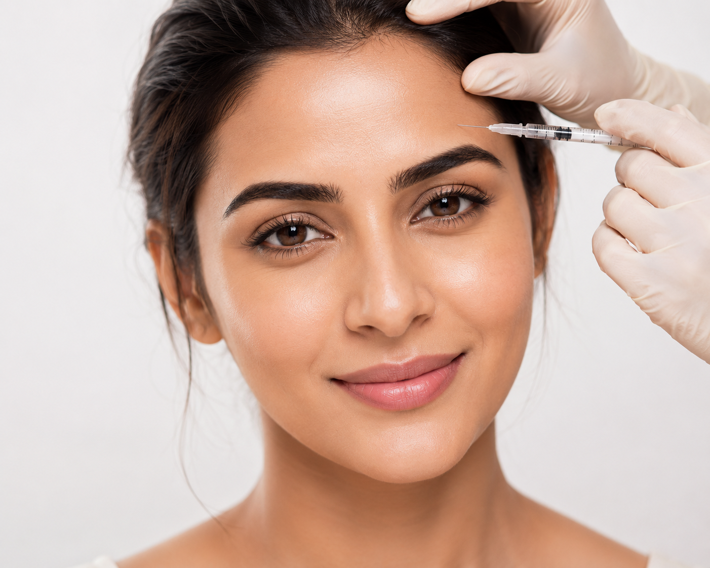 Confident Indian woman with smooth youthful forehead and naturally refreshed skin showcasing Botox and wrinkle treatment results in a premium aesthetic clinic setting.