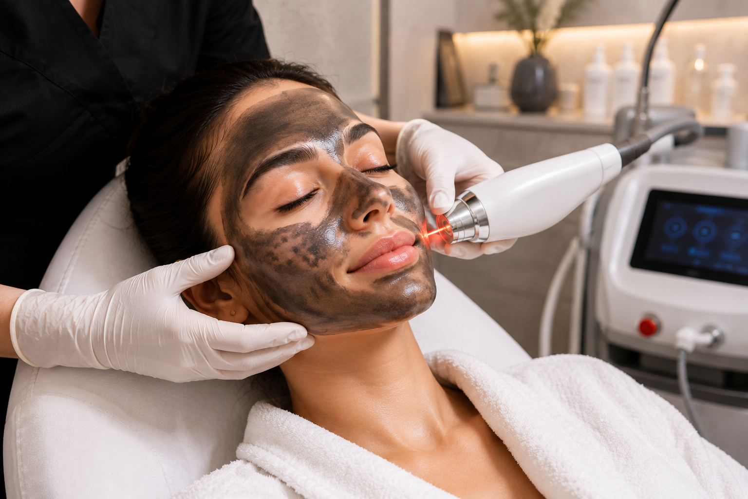 Woman receiving a carbon facial treatment in a modern aesthetic clinic with glowing, refreshed skin.