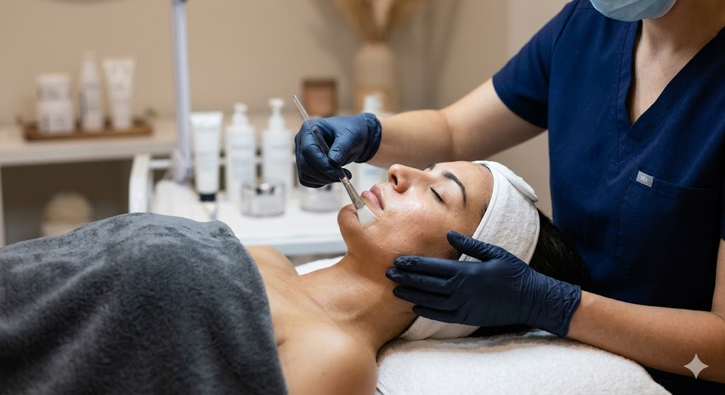 A close-up of a client receiving a chemical peel treatment from an esthetician, isolated on a transparent background.