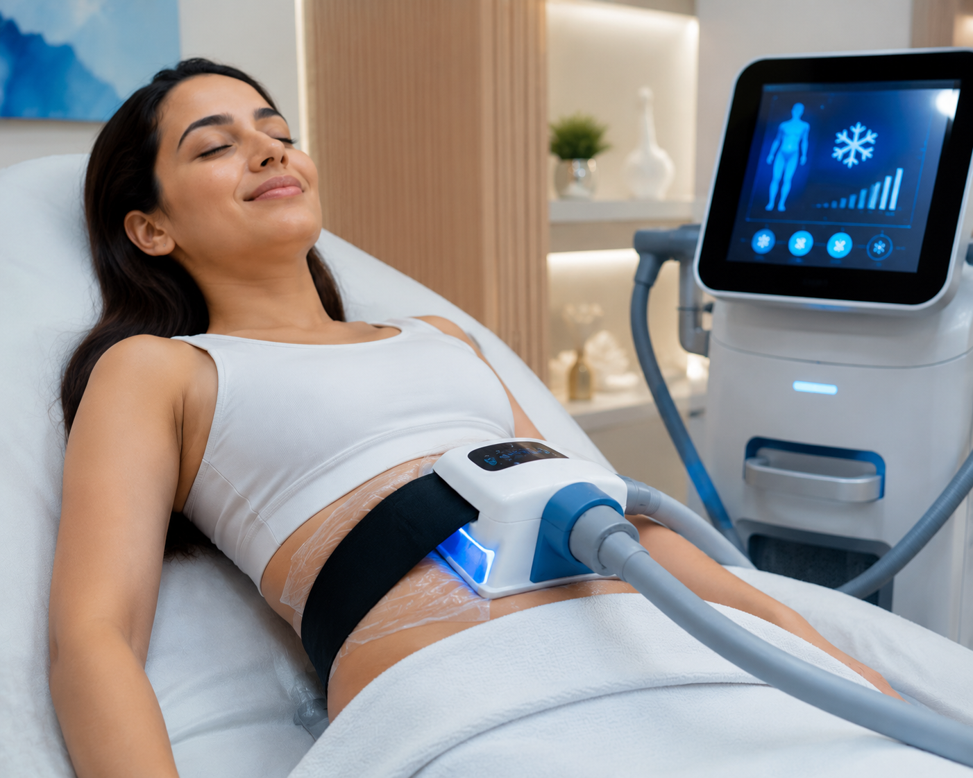 Woman undergoing a professional CoolSculpting treatment in a luxury aesthetic clinic using advanced fat-freezing technology for non-surgical body contouring.