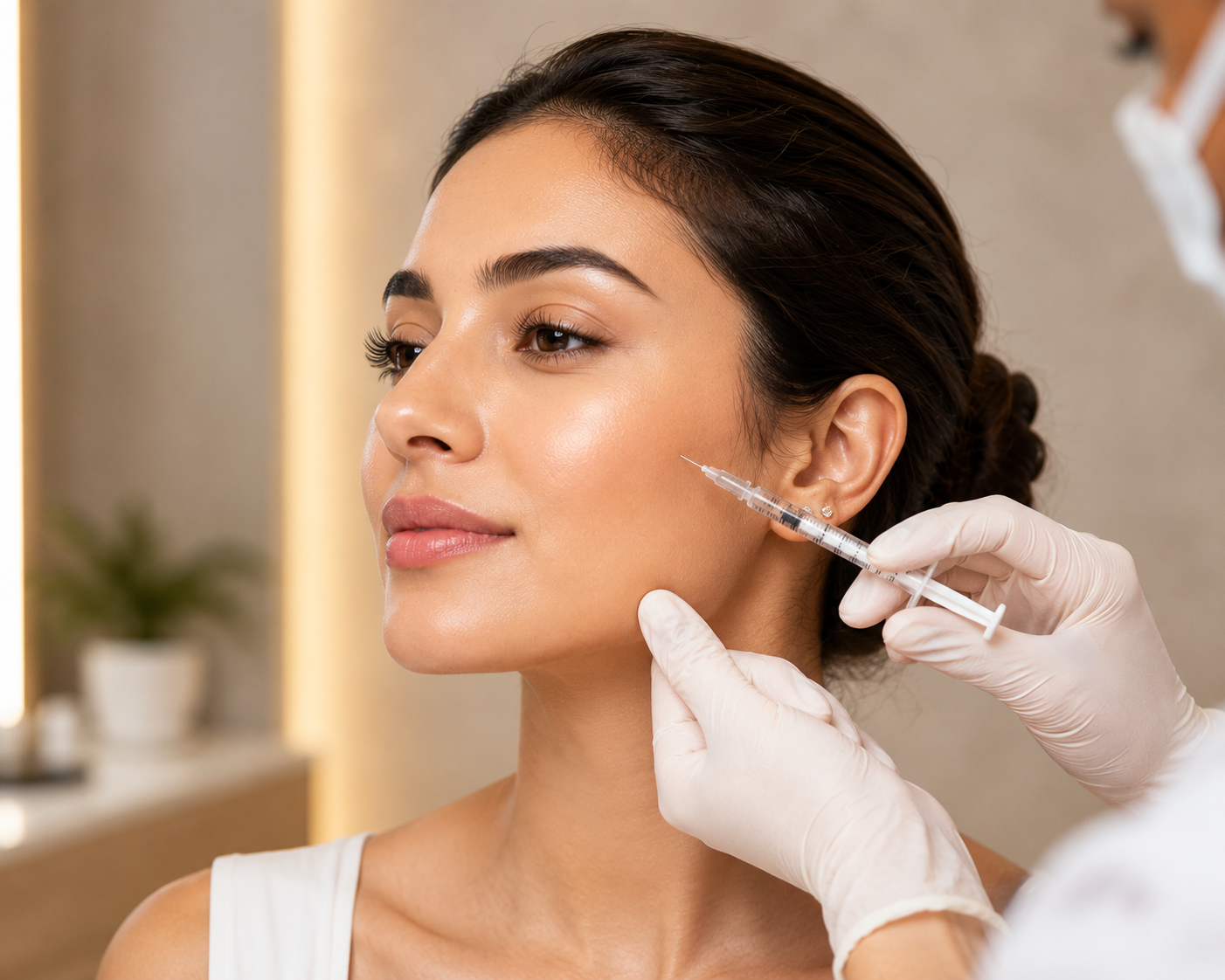 Elegant side-profile portrait of a woman with naturally enhanced facial contours, defined jawline, balanced cheeks, and smooth radiant skin in a luxury aesthetic clinic setting.