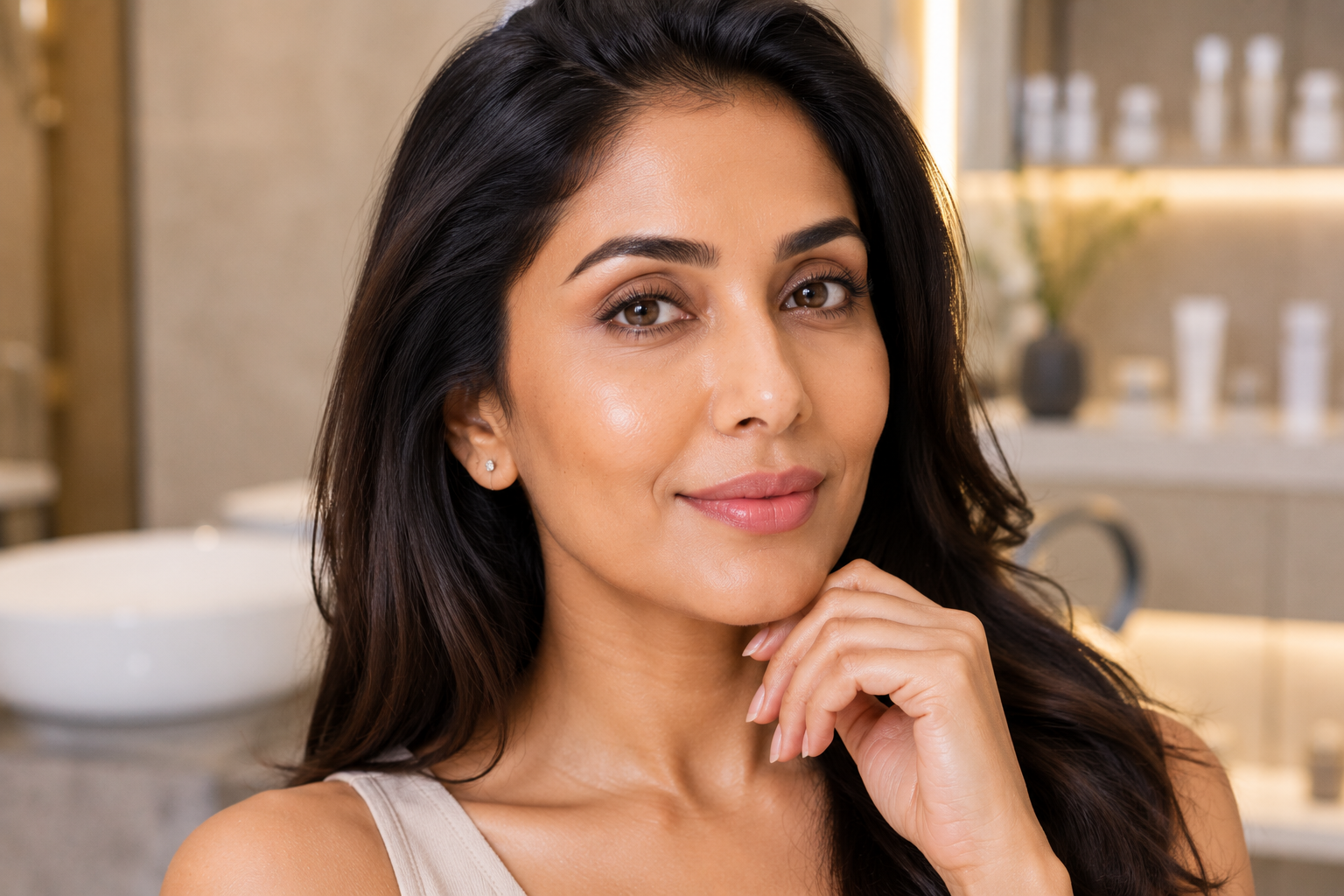 Elegant woman with youthful facial contours and smooth skin after professional Botox and dermal filler treatment.