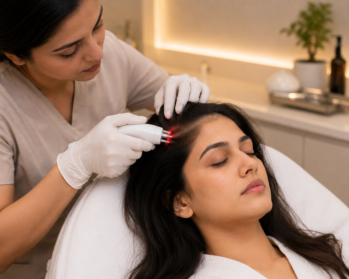 Woman receiving advanced hair fall treatment in a modern aesthetic clinic using scalp therapy to support hair growth and improve hair strength.