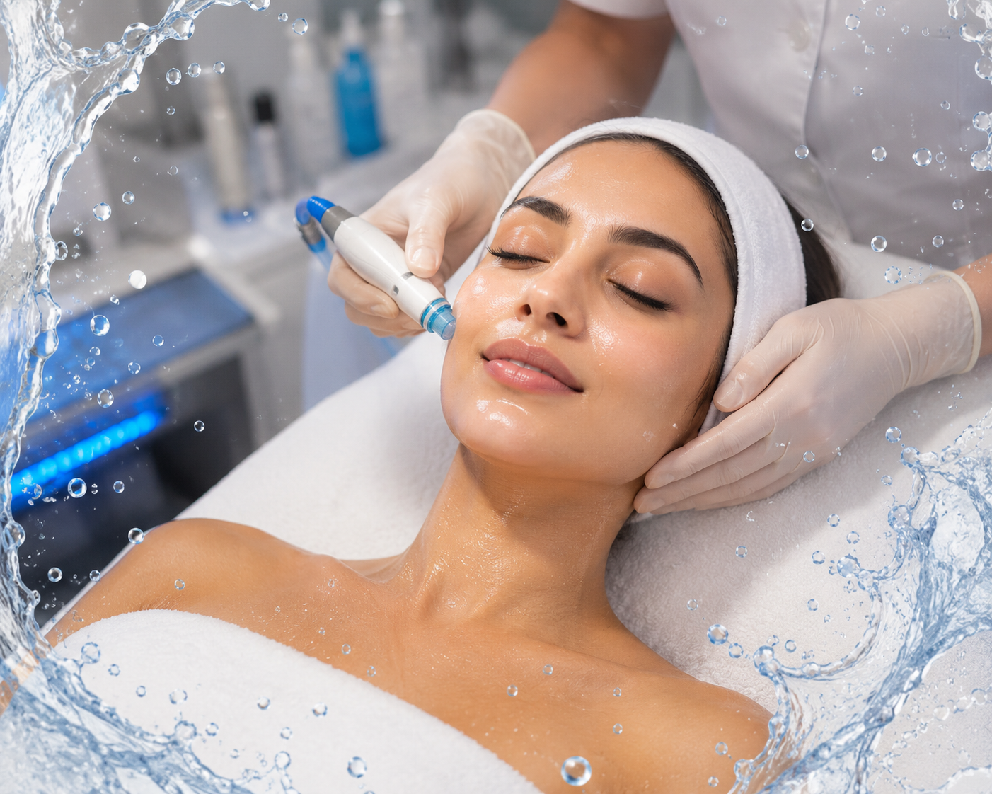 Woman receiving a professional Hydrafacial treatment in a premium aesthetic clinic with glowing, hydrated skin and refreshing water splash effects.