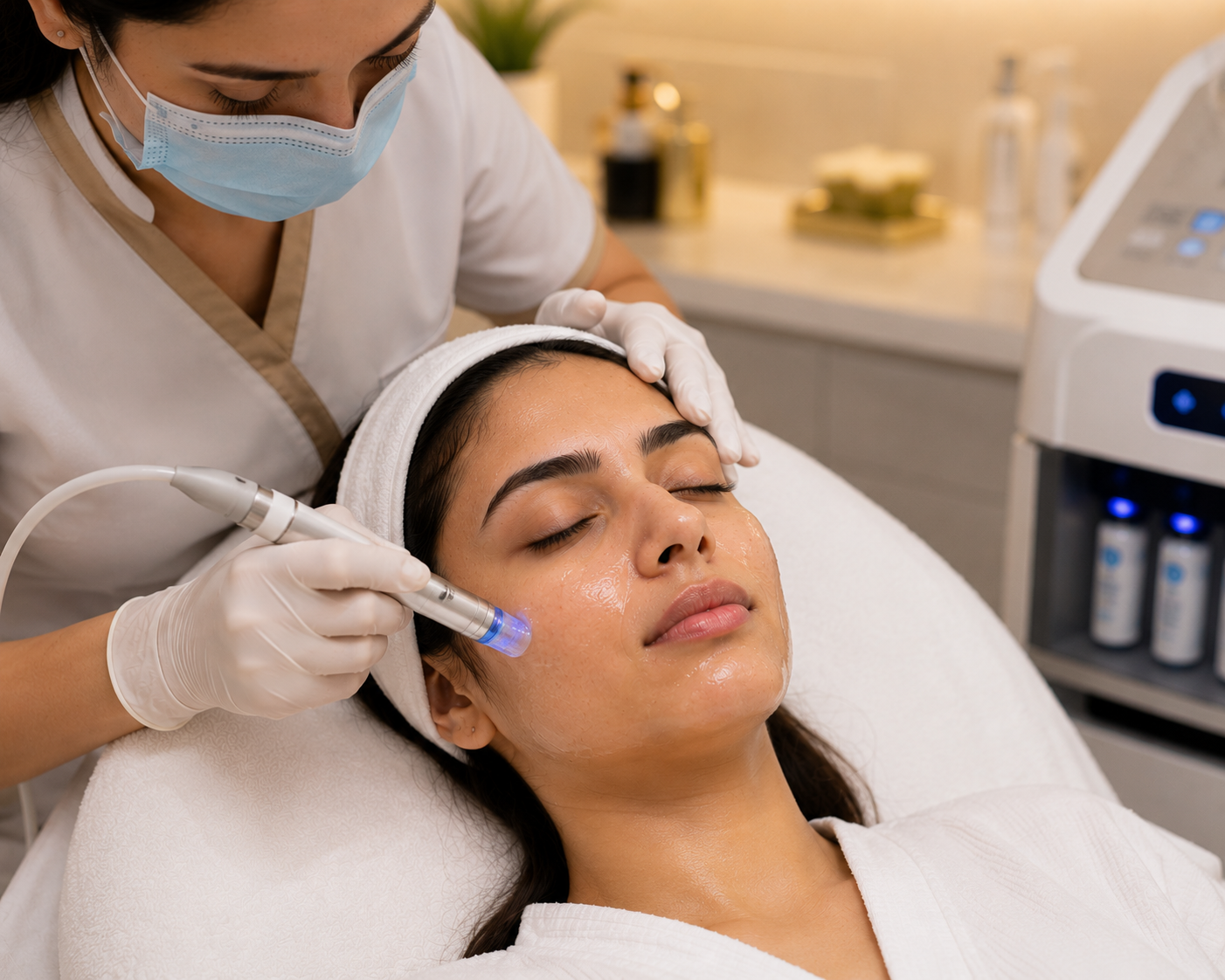 Professional medifacial treatment being performed on a woman in a modern aesthetic clinic using advanced skincare technology for deep cleansing and hydration.