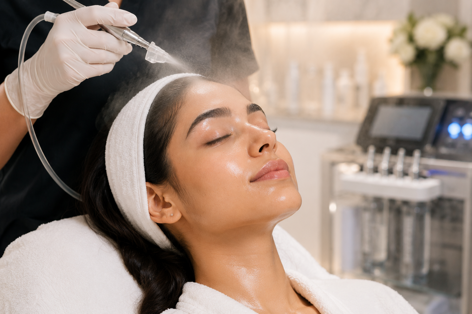 Woman receiving an oxygen facial treatment with visibly hydrated and radiant skin.