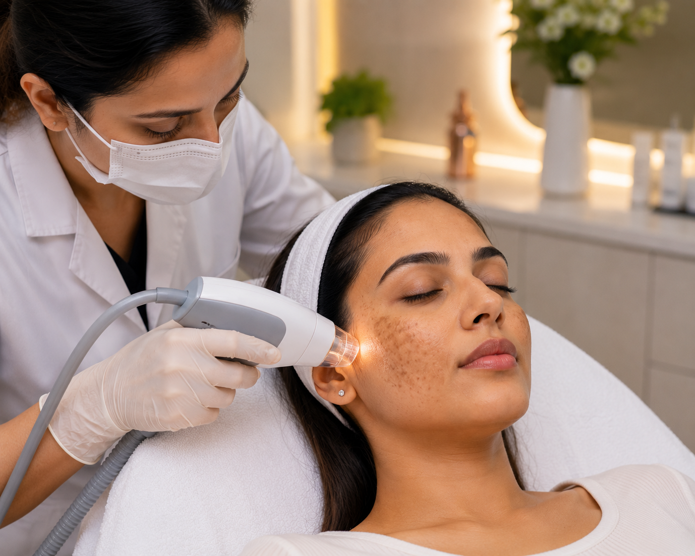 Woman receiving advanced pigmentation treatment in a premium aesthetic clinic to improve uneven skin tone and restore a brighter complexion.