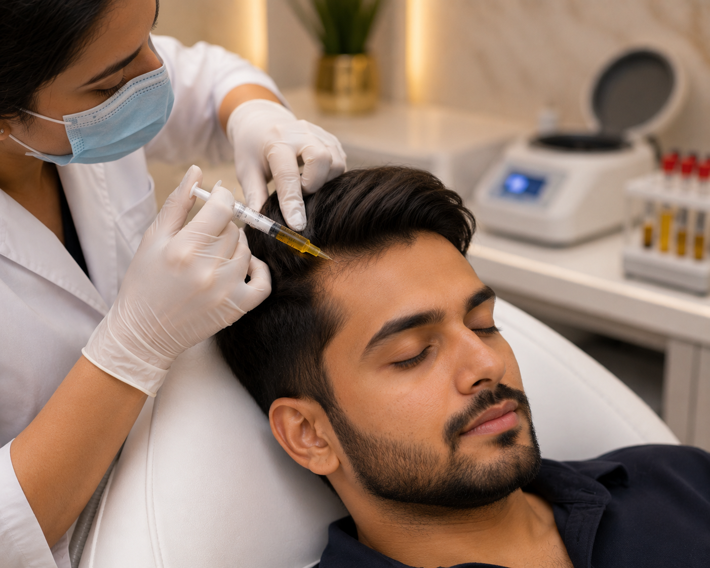 Professional PRP hair treatment being performed on a male patient in a modern aesthetic clinic to support hair growth and scalp rejuvenation.