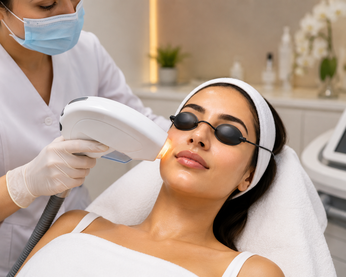 Woman receiving advanced laser skin treatment in a modern aesthetic clinic with glowing skin, professional laser device, and a clean medical beauty environment.